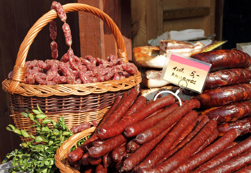 Best Polish sausages for sale on food market in Krakow